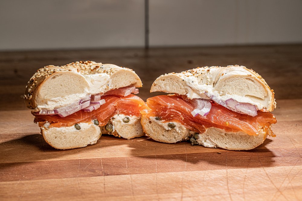 Bagel cream cheese with smoked salmon (lox). Additional addons