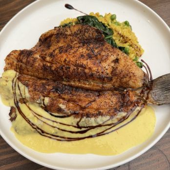 Catalan - The star branzino with saffron risotto and spinach Awesone ! - Mediterranean Near Me - Rancho Mirage, California