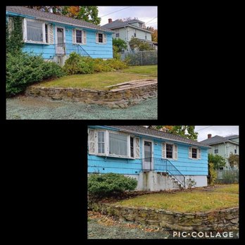 Nautical Landscape - two photos of a blue house - Landscaping Near Me - Orange, Massachusetts
