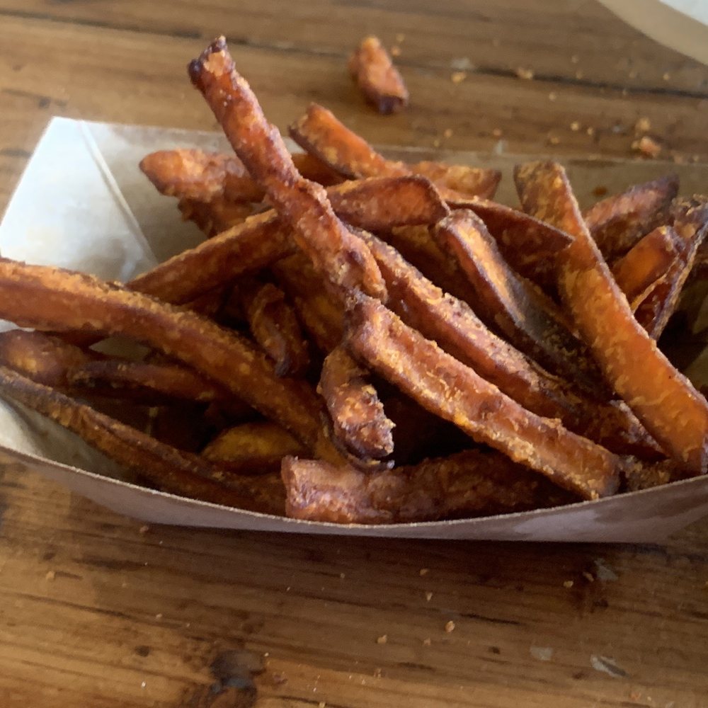 Grassburger - Burnt Sweet Potato Fries, after they "attempted" to correct the burnt mess multiple times - Burgers Near Me - Albuquerque, New Mexico