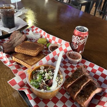 Dope BBQ - The full meal, brisket, pork ribs, Texas toast, pickles, onions, and the amazing beans! - Barbeque Near Me - Corpus Christi, Texas
