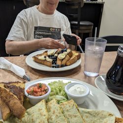 Cafe Americana 2 - Cheese enchiladas and French toast with blueberries and bananas