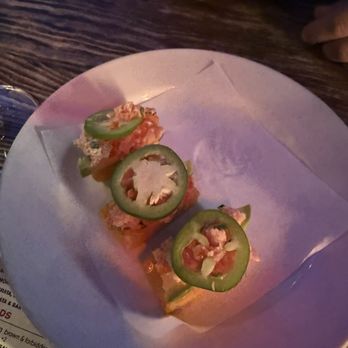 Zinqué - SAFFRON RICE BITES* (GF) ahi tuna, spicy mayo, avocado, jalapeño, smoked trout roe - French Near Me - West Hollywood, California