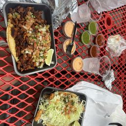 Al pastor taco, fish taco, chips