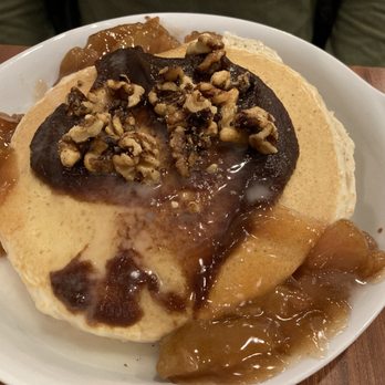 Egg It On Cafe - Seasonal menu. Spiced fall pancakes. 4 vegan pancakes with apple butter, seasoned apples with walnuts. - Breakfast & Brunch Near Me - Broken Arrow, Oklahoma