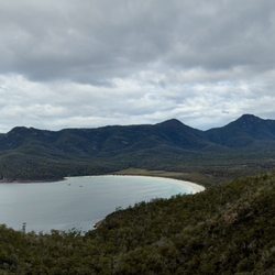 Wineglass Bay Lookout - Overcast view of Wineglass Bay from the lookout