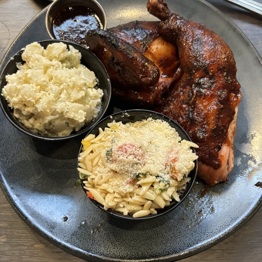 Smoked & Charred Half Chicken, Potato Salad, Orzo Pasta Salad Smoked & Charred Half Chicken, Potato Salad, Orzo Pasta Salad