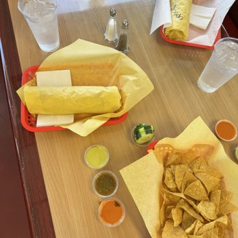Armando’s Mexican Food - Burritos and chips and salsa. The dark salsa in the middle was my fave - Mexican Near Me - Rialto, California