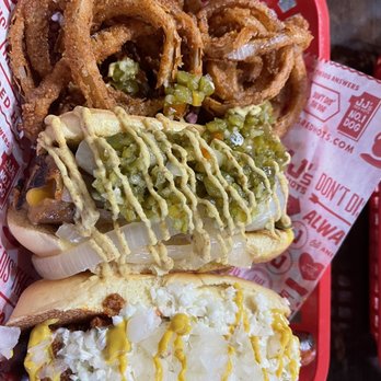 JJ's Red Hots - Dilworth - Jalapeño Cheddar Brat, The Char (Carolina style), and onion rings. - Hot Dogs Near Me - Charlotte, North Carolina JJ's Red Hots - Dilworth - Jalapeño Cheddar Brat, The Char (Carolina style), and onion rings. - Hot Dogs Near Me - Charlotte, North Carolina