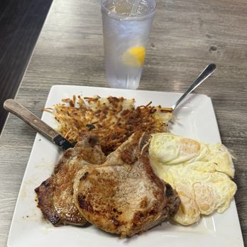 Georgias Restaurant - Pork chops, eggs over ease and hash browns crispy! - American Near Me - Glendora, California Georgias Restaurant - Pork chops, eggs over ease and hash browns crispy! - American Near Me - Glendora, California