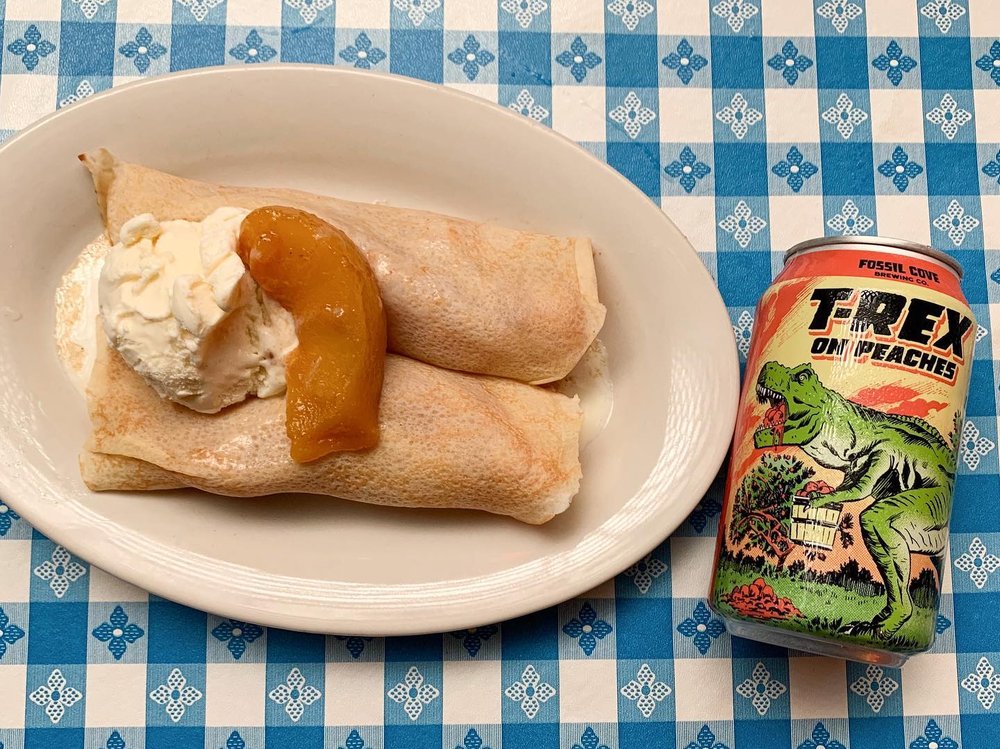 Peach & Amaretto dessert crepes always hit the spot, especially when you add fossilcovebrewing