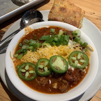 Mountains Walking Brewery & Pub - Bison Chili with a delicious piece of cornbread - Breweries Near Me - Bozeman, Montana