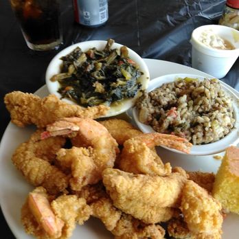 Nana J's Soulful Kitchen - The shrimp and catfish platter with dirty rice and greens. - Soul Food Near Me - Ocean Springs, Mississippi Nana J's Soulful Kitchen - The shrimp and catfish platter with dirty rice and greens. - Soul Food Near Me - Ocean Springs, Mississippi