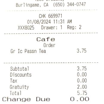 Starbucks - Receipt- 1 iced tea - Coffee & Tea Near Me - Burlingame, California