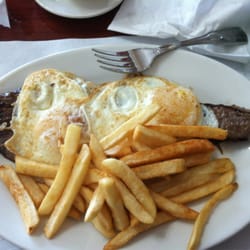 Bistec al caballero, I think. Massive breakfast with toast and coffee for under 7 bucks.