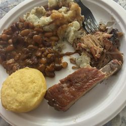 Old Carolina Barbecue Company - Ribs, pulled pork, mashed potatoes, baked beans, corn bread.