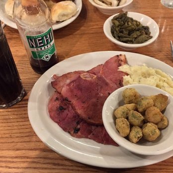 Cracker Barrel Old Country Store - My plate of Hickory-Smoked Country Ham, Sugar Cured Ham, Country Green Beans, Breaded Fried Okra, and Mashed Potatoes. Taken on 10/31/2019. - Breakfast & Brunch Near Me - Gadsden, Alabama