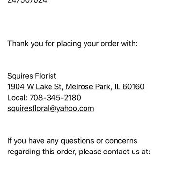 Squires Florist - Email receipt/confirmation of order - Florists Near Me - Melrose Park, Illinois