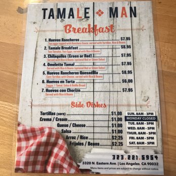 Tamale Man - Menu as of February 2018 - Mexican Near Me - Los Angeles, California