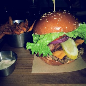 Earls Kitchen + Bar - My delicious Earls bacon cheeseburger with sweet potato fries :) - Canadian (New) Near Me - Vancouver, British Columbia