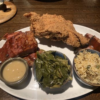Gus's Barbecue - Picnic Platter, Ribs and Two Meat Combo (Southern Fried Chicken and 7oz Texas Prime Beef Brisket with Dirty Rice and Braised Southern Greens - Barbeque Near Me - Claremont, California Gus's Barbecue - Picnic Platter, Ribs and Two Meat Combo (Southern Fried Chicken and 7oz Texas Prime Beef Brisket with Dirty Rice and Braised Southern Greens - Barbeque Near Me - Claremont, California