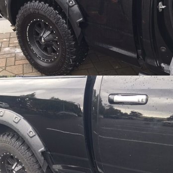 Auto "Dent" Medic - Before (top) and after (bottom) of the dent. For size reference, those are 35" tires, so the impact area was significant. - Mobile Dent Repair Near Me