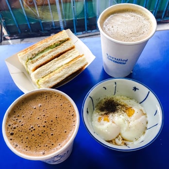 Kopitiam - Kaya Butter Toast, soft boiled eggs, black coffee and white coffee - Malaysian Near Me - New York, New York
