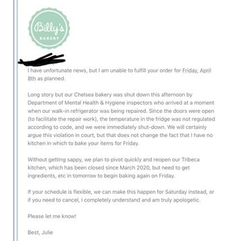 Billy's Bakery - Letter - Bakeries Near Me - New York, New York