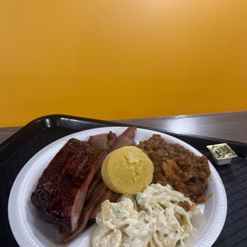 Captains BBQ - Captain's Combo Sampler two meat.  Look yummy - Barbeque Near Me - Palm Coast, Florida