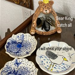 Spring Cottage Gallery - Ceramic Bear King catch all and small ceramic dishes.
