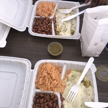 Las Cazuelas - two green cheese & chicken enchiladas with beans & rice. - Mexican Near Me - Seaside, California