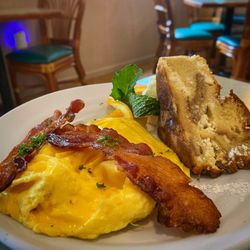 Wildflower Cafe - Mile High Baked French Toast Sampler - Scrambled eggs, Applewood smoked bacon and baked French toast.