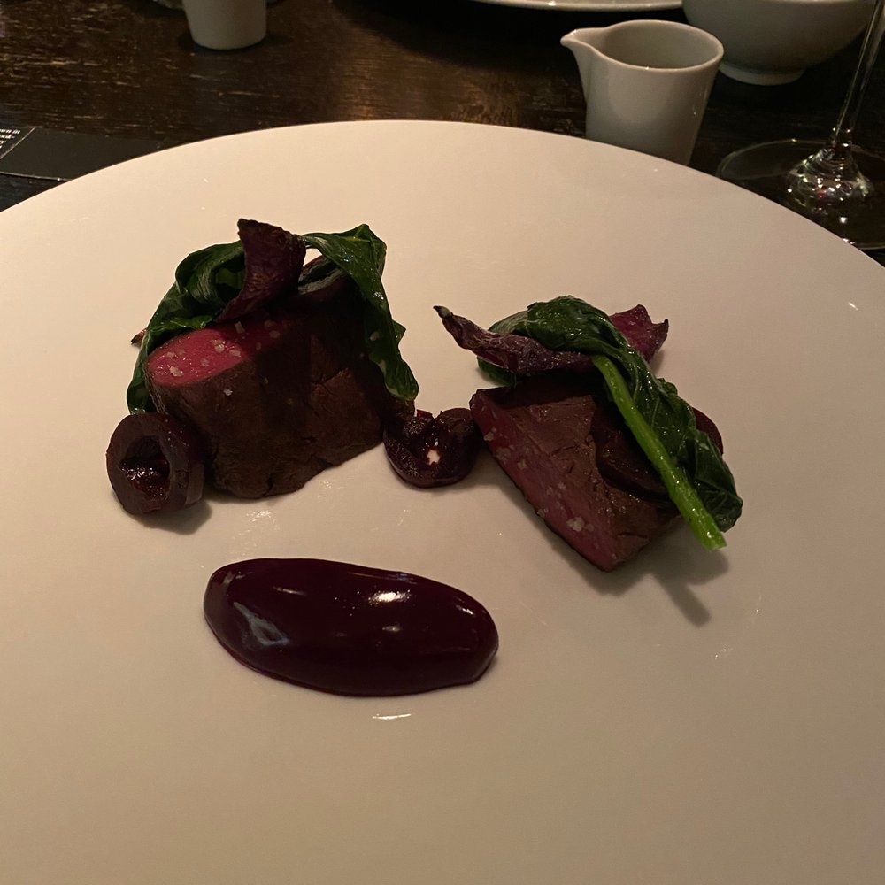 Dinner by Heston Blumenthal - Venison & Pickled Cherries (braised red cabbage gel, grilled red cabbage & pickled cherries - £48.00) - British Near Me - London, XGL Dinner by Heston Blumenthal - Venison & Pickled Cherries (braised red cabbage gel, grilled red cabbage & pickled cherries - £48.00) - British Near Me - London, XGL