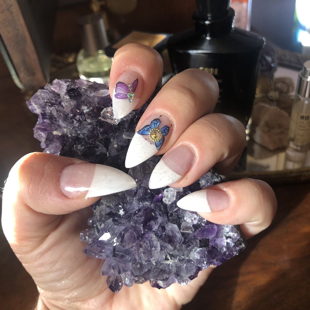 Nail Club - Full set (left hand) with butterflies and rhinestones - Nail Salons Near Me - Santa Cruz, California Nail Club - Full set (left hand) with butterflies and rhinestones - Nail Salons Near Me - Santa Cruz, California