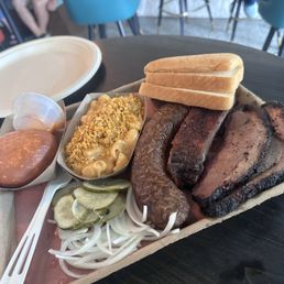 Fried roll, pimento Mac n cheese. Sausage of the month - etouffe, one rib, and brisket.