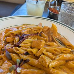 Delicious pasta and drink Delicious pasta and drink