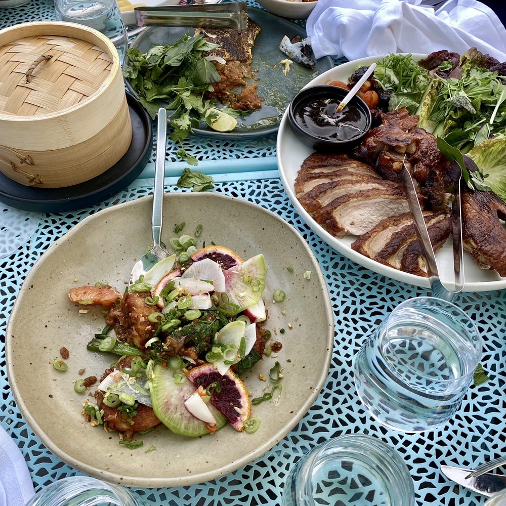 Goosefeather - Roasted Branzino (top center) Cantonese Roast Duck (right) Walnut Shrimp (bottom left) Wild Mushroom Slippery Noodle (not in pic but good) - Cantonese Near Me - Tarrytown, New York Goosefeather - Roasted Branzino (top center) Cantonese Roast Duck (right) Walnut Shrimp (bottom left) Wild Mushroom Slippery Noodle (not in pic but good) - Cantonese Near Me - Tarrytown, New York
