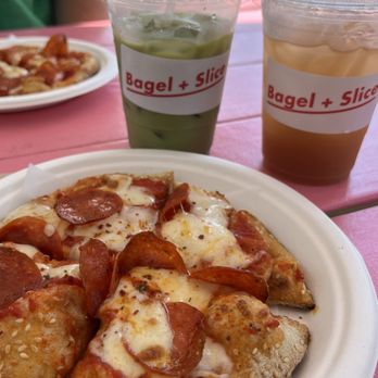 Bagel + Slice Pizza Shop - Bagel Pizzette with pepperoni, pistachio matcha and iced tamarind so good. - Bagels Near Me - Los Angeles, California Bagel + Slice Pizza Shop - Bagel Pizzette with pepperoni, pistachio matcha and iced tamarind so good. - Bagels Near Me - Los Angeles, California