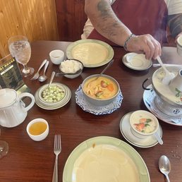 Chicken with pumpkin curry, Tom Kha soup, cucumber salad side, jasmine rice side Chicken with pumpkin curry, Tom Kha soup, cucumber salad side, jasmine rice side