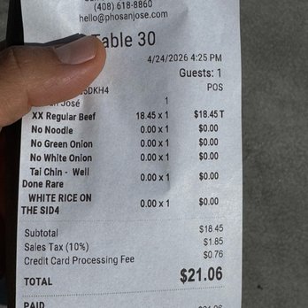 Pho San Jose - Credit card processing fee, I used a debit card. - Soup Near Me - San Jose, California