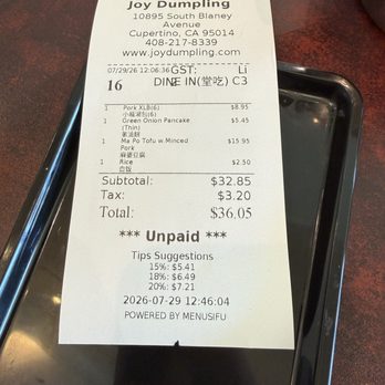 Joy Dumpling - The bill - Chinese Near Me - Cupertino, California Joy Dumpling - The bill - Chinese Near Me - Cupertino, California