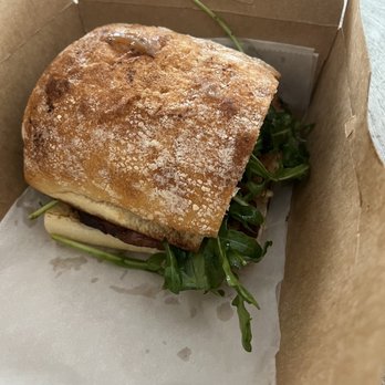 Frazie's Meat & Market - The Hangover Sunday sandwich special - tenderloin, bacon, arugula, fried egg, tomato, garlic aioli, peach jam, on ciabatta - Butcher Near Me - Atlanta, Georgia