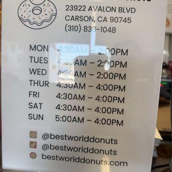Best World Donuts - Hours - Donuts Near Me - Carson, California Best World Donuts - Hours - Donuts Near Me - Carson, California