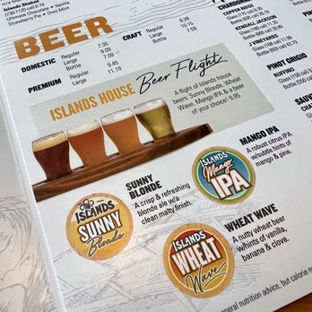 Islands Restaurant - 2/12/23 Beer flight menu as of February 2023. - Burgers Near Me - Mission Viejo, California Islands Restaurant - 2/12/23 Beer flight menu as of February 2023. - Burgers Near Me - Mission Viejo, California