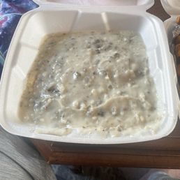 This is one biscuit and gravy! I could probably put six more biscuits in this gravy and still have enough! Soooo good! This is one biscuit and gravy! I could probably put six more biscuits in this gravy and still have enough! Soooo good!