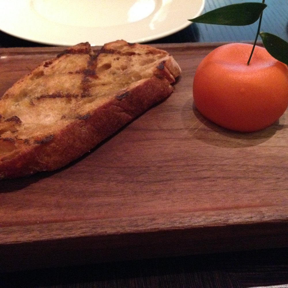 Dinner by Heston Blumenthal - Meat fruit c.1500 (Mandarin, chicken liver & foie gras parfait, grilled bread) - British Near Me - London, XGL Dinner by Heston Blumenthal - Meat fruit c.1500 (Mandarin, chicken liver & foie gras parfait, grilled bread) - British Near Me - London, XGL