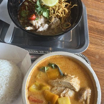 Lucky Noodles - Red Curry with Grilled Chicken and Tom Yum Noodle Soup - Thai Near Me - Denver, Colorado Lucky Noodles - Red Curry with Grilled Chicken and Tom Yum Noodle Soup - Thai Near Me - Denver, Colorado
