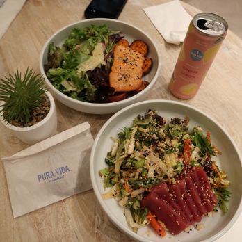 Pura Vida Miami - Thai almond salad with added raw wild tuna, and plate (with sweet potatoes, salmon, and house salad) - Breakfast & Brunch Near Me - Costa Mesa, California
