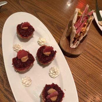 Indian Accent - Beetroot kababs and Pulled Jackfruit Phulka - Indian Near Me - New York, New York Indian Accent - Beetroot kababs and Pulled Jackfruit Phulka - Indian Near Me - New York, New York