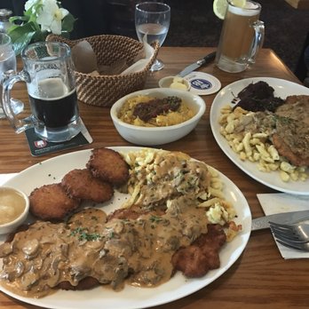 Mountain Brauhaus - Jaeger Schnitzel and a side of spaghetti squash with olive tapenade - New American Near Me - Gardiner, New York